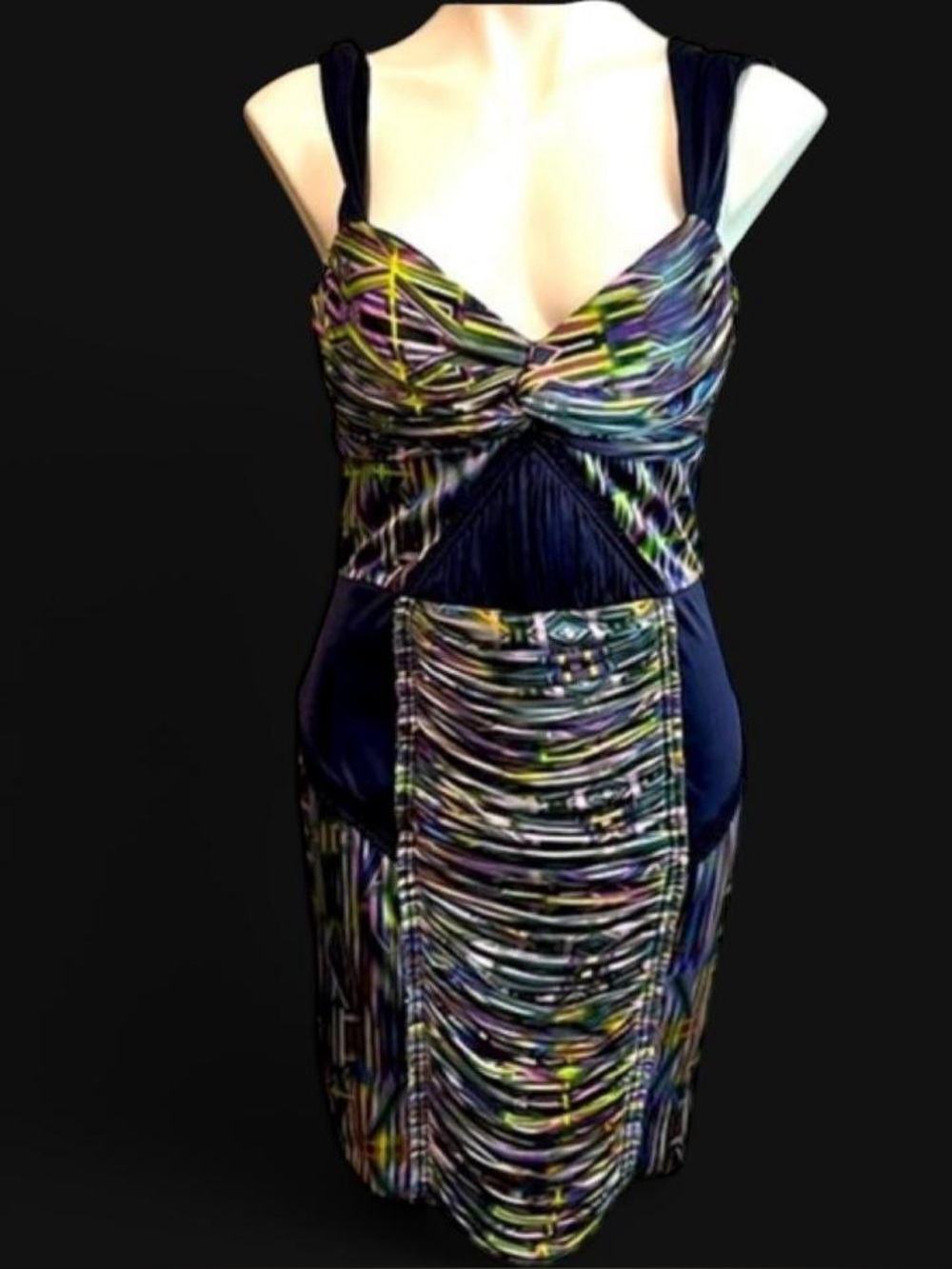 Multicolor bodycon stretch  abstract luxury statement dress Size 8